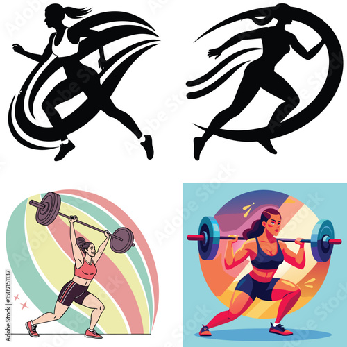 Female Athlete Silhouettes and Weightlifting Illustrations