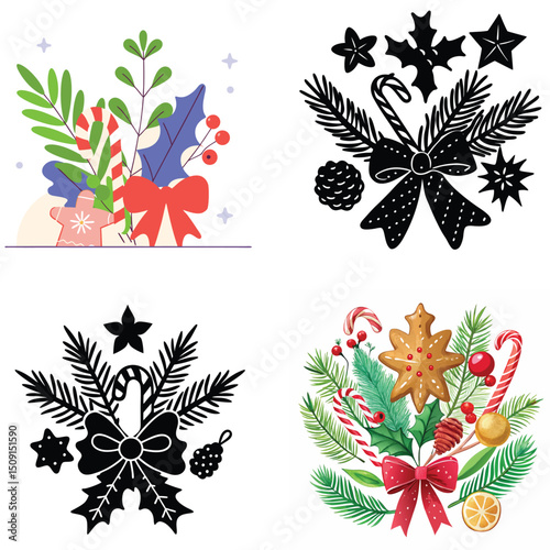 Christmas Festive Elements Color and Silhouette Illustrations