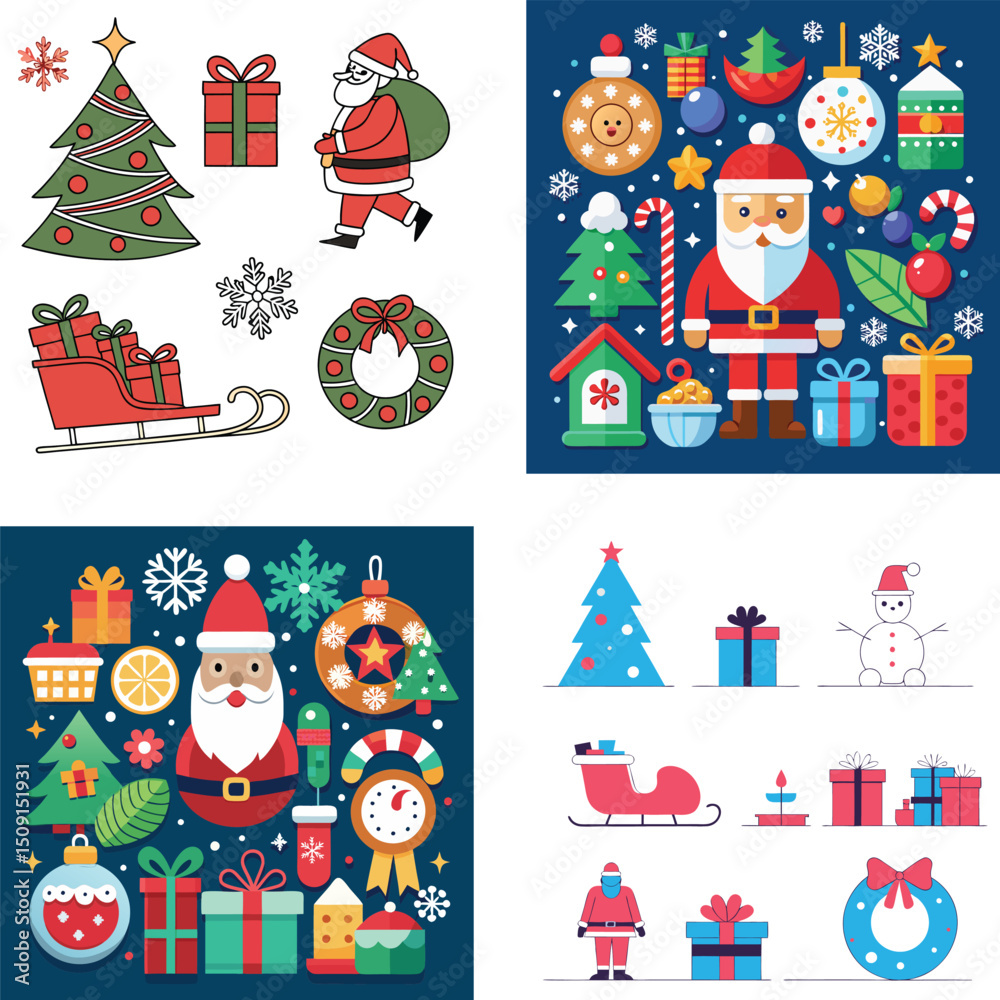 Fototapeta premium Christmas Flat Design Elements Collection Santa Claus Gifts Trees and More