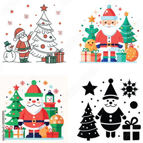 Christmas Santa Claus Illustrations with Color and Black and White Versions