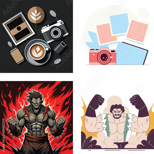 Diverse Illustrations Featuring Photography Coffee and Powerful Characters
