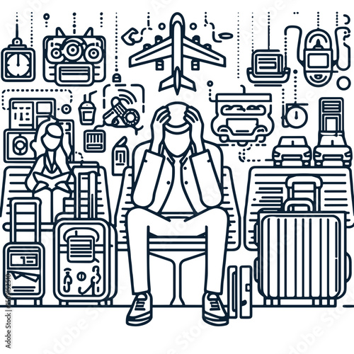 Frustrated man sitting in airport lounge surrounded by luggage and icons  