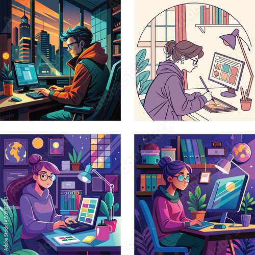 Diverse Individuals Working Remotely at Night in Vibrant Home Offices