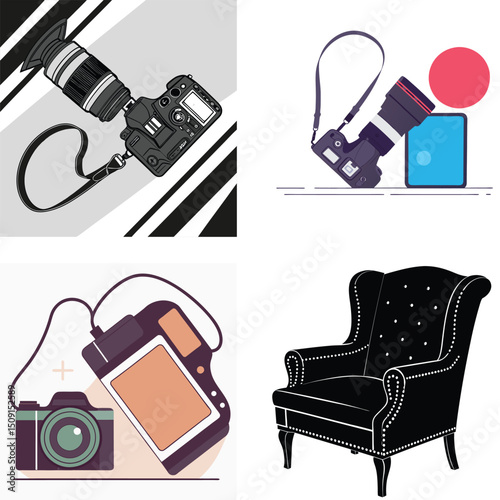 Diverse Collection of Photography Equipment and a Classic Armchair