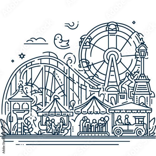 Amusement park scene with rides and attractions in line art style  