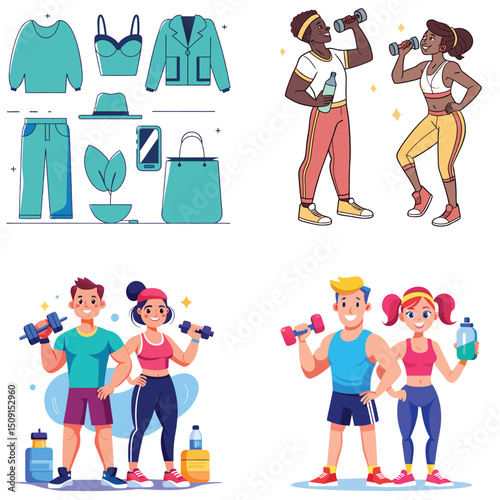 Fitness Fashion and Workout Illustrations Featuring Diverse Couples