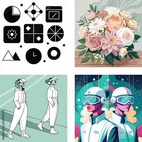 Diverse Visual Collage Featuring Data Icons Floral Bouquet and VR Technology