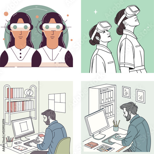 Illustrative Scenes of Virtual Reality and Graphic Design Workspaces