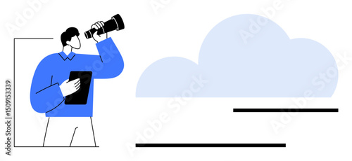 Man using binoculars to observe a cloud while holding a tablet, representing observation, cloud computing, and technology. Ideal for digital innovation, research, strategy, forecasting, data