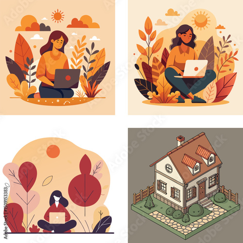 Autumnal Scenes Featuring Women Working on Laptops Outdoors and a Cozy House