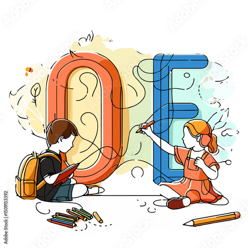 Two children drawing letters with colorful crayons on the floor  