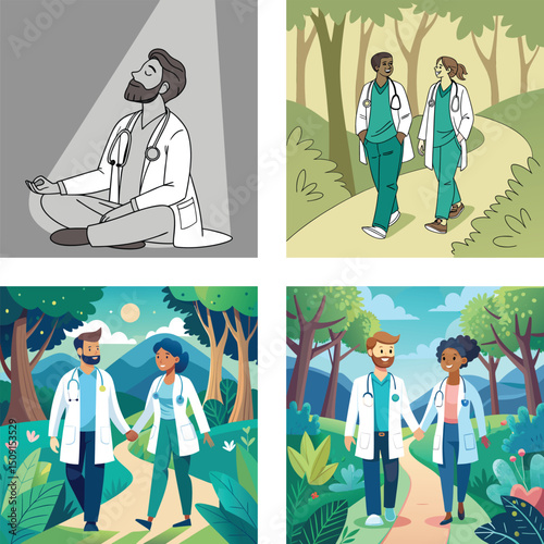 Doctors Practicing Mindfulness and Wellbeing in Nature Scenes