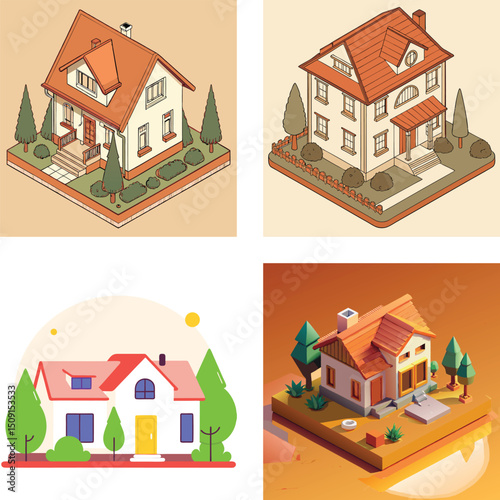 Collection of Isometric House Illustrations with Landscaping