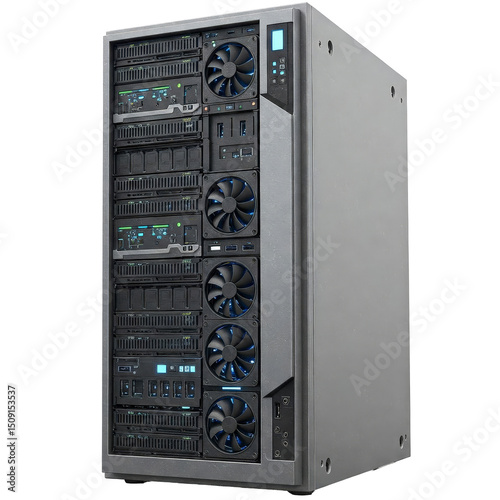 large server case with sensors and wires on a transparent background 