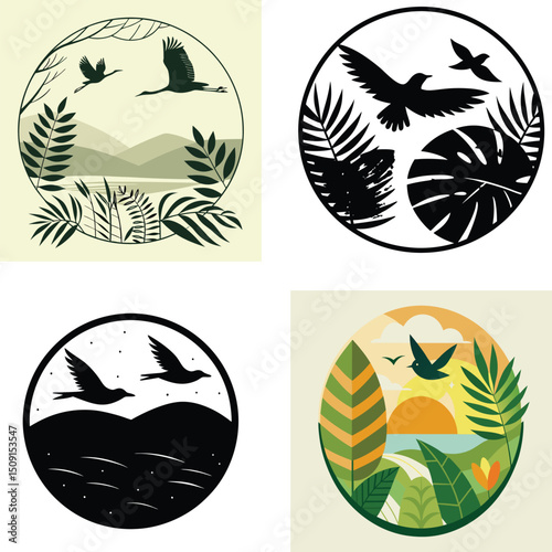 Four Circular Designs Featuring Birds in Flight and Lush Tropical Foliage