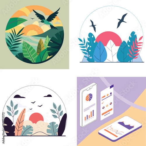 Collection of Modern Tropical Sunset Illustrations with Birds and Data Charts