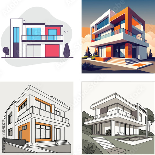 Four Modern House Architectural Designs Illustrations