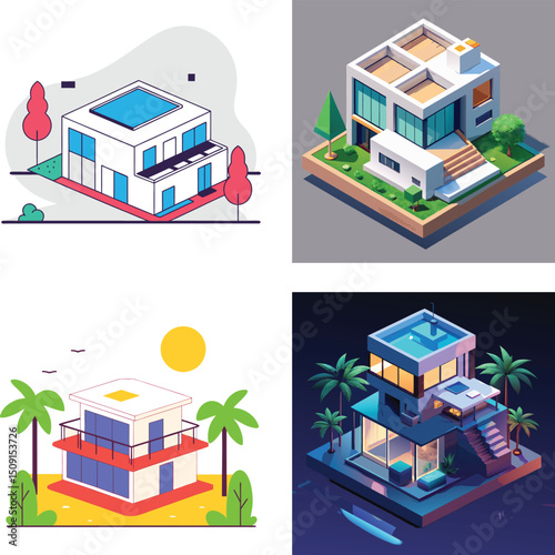 Collection of Modern Isometric House Designs with Various Architectural Styles