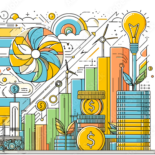 Colorful illustration of financial growth with wind energy elements  