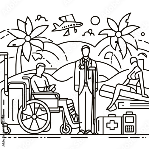 Line art illustration of healthcare providers in tropical setting. Injuries on vacation  