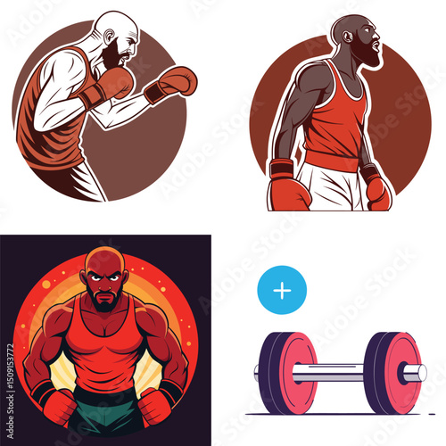 Powerful Boxer Illustrations and Fitness Equipment Graphic