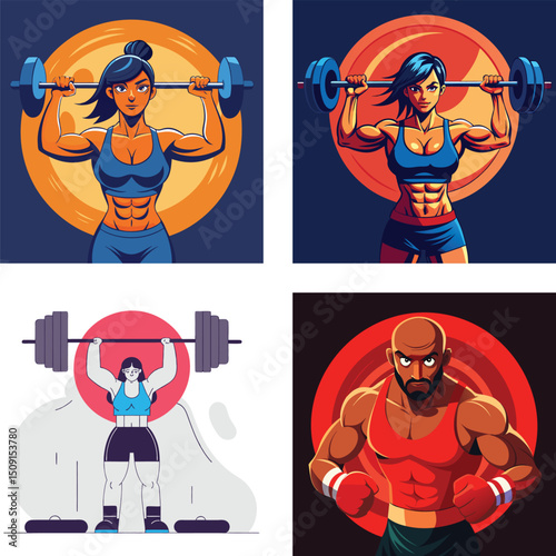 Powerful Fitness Illustrations Featuring Muscular Women and a Boxer