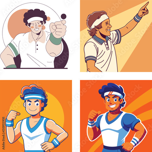 Retro Style Illustrations of Four Athletic Male Tennis Players