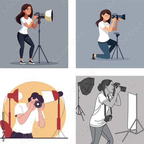 Diverse Photographers Capturing Moments with Various Equipment and Lighting