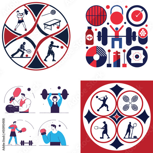 Diverse Fitness and Sports Activities Illustrated in Red and Blue