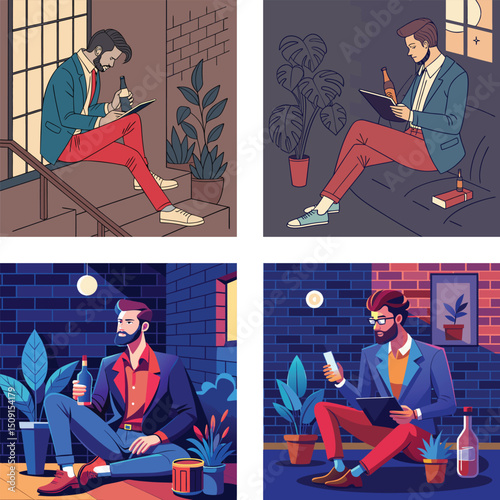 Stylish Men Relaxing with Drinks and Devices in Urban Settings