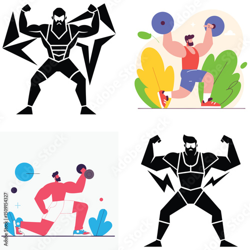Diverse Illustrations of Strong Men Engaging in Weightlifting and Fitness Activities