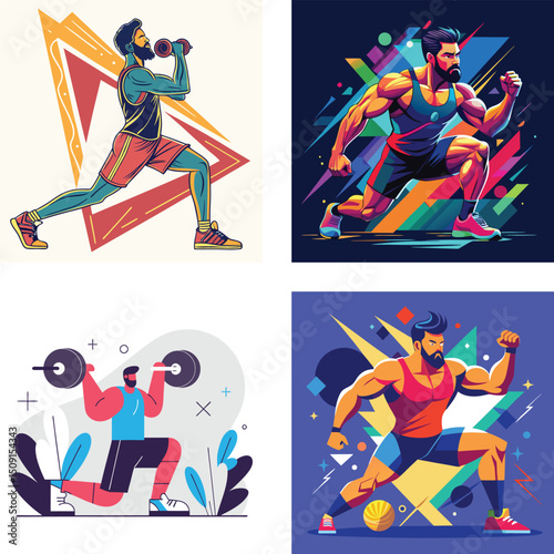 Four Vibrant Illustrations of Muscular Men Engaging in Fitness Activities