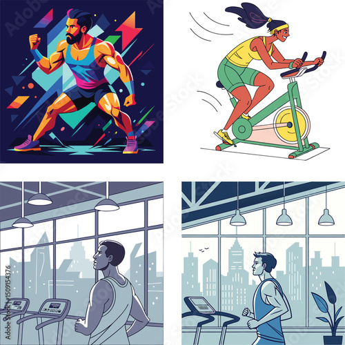Diverse Fitness Illustrations Gym Activities and Urban Backgrounds
