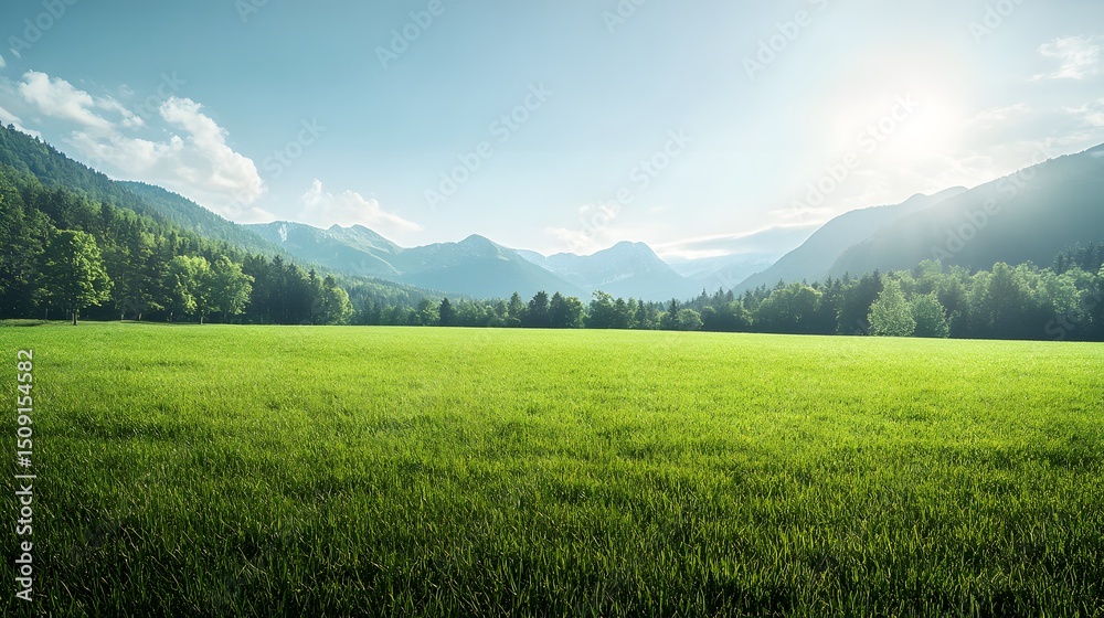 Lush green field stretches towards a mountain range. Lush green field stretches towards a mountain range.
