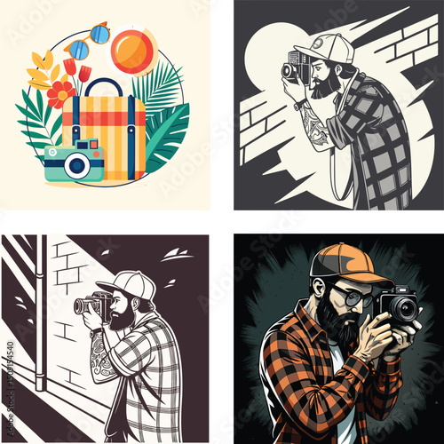 Stylish Bearded Photographer with Camera and Travel Essentials