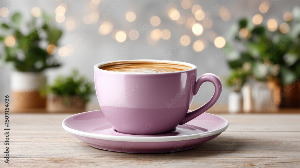 Fototapeta premium Serene Still Life with Lavender Ceramic Teacup on Wooden Table in Soft Natural Light