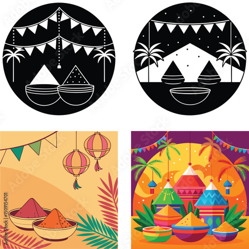 Vibrant Holi Festival Illustrations Colorful Powder Bowls Festive Decorations and Palm Trees