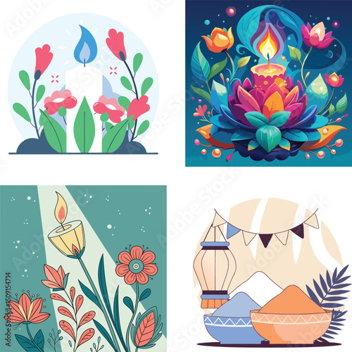 Vibrant Floral Candle Illustrations with Festive Elements