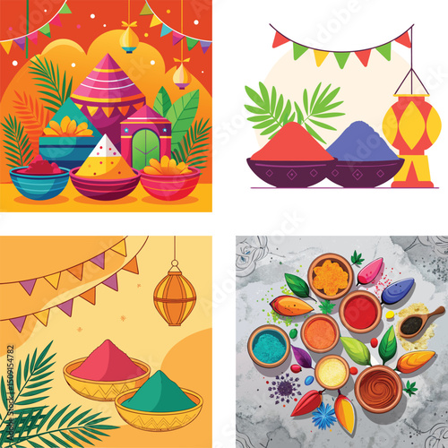 Vibrant Holi Festival Illustrations Colorful Powder and Festive Decorations
