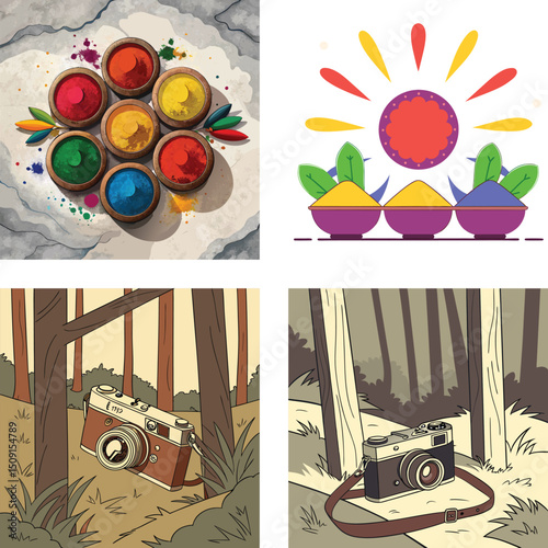 Vibrant Holi Colors and Vintage Cameras in Nature Scenes