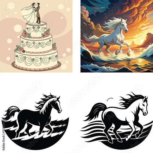 Wedding Cake Topper with Majestic Horse Illustrations