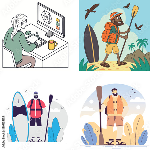 Diverse Individuals Engaging in Creative Work and Water Sports