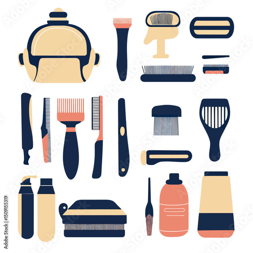 Set of flat minimalist vector black and beige hair grooming tools including combs, razors, brushes, hair clippers, cleaning bottles, and hair care accessories for barbershop and personal grooming kits