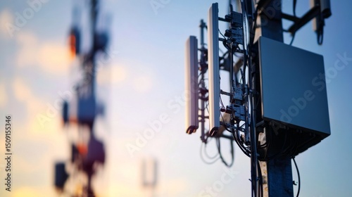 A closeup of an antenna transmitting ultrahigh frequency signals urban area technology focus clear sky detailed view for enhanced seo photo