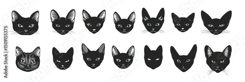 Minimalist black and white flat vector illustration of diverse cat head portraits including short and long hair breeds with distinct silhouettes and facial features