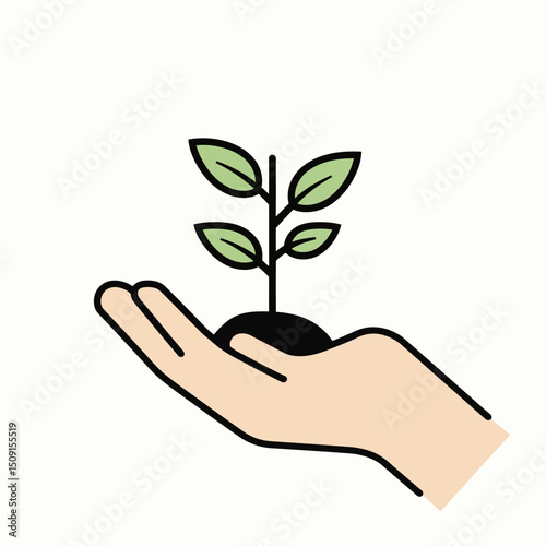 Hand holding small green plant seedling with soil symbolizing growth environmental care and sustainability concept flat vector icon illustration