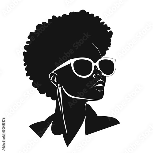 Stylish portrait of African American woman with afro hairstyle wearing large sunglasses and long earrings minimalist black silhouette vector illustration