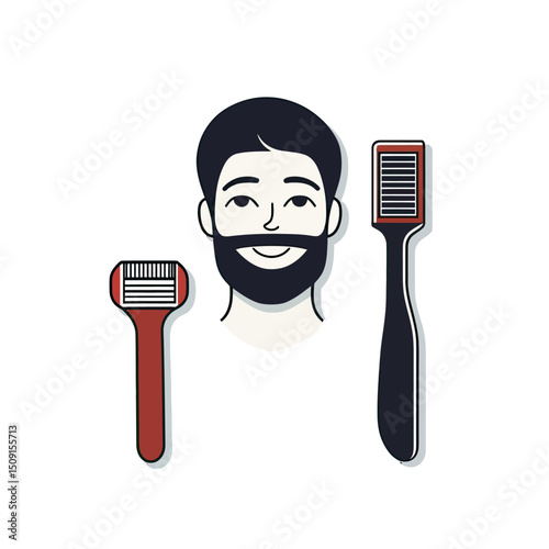 Minimalist vector illustration of a smiling man with beard, beard trimmer, and beard brush grooming tools flat design concept for facial hair care and styling