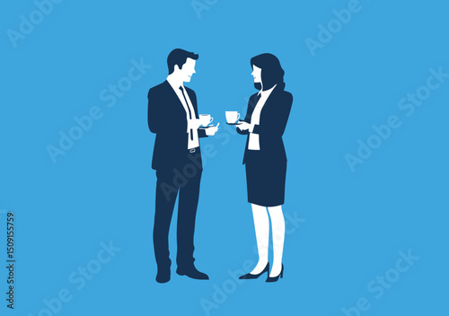 Business man and woman in formal attire having coffee break and discussing in minimalist flat style vector illustration on blue background