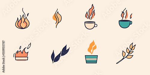 Minimalist vector icon set featuring stylized flame, fire, smoke, steaming coffee cups, burning matchstick, candle flame, and wheat sprig in flat line art design